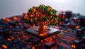 Circuit Tree Growing on AI Microchip Platform. AI themed Background. Generated Image Royalty Free Stock Photo