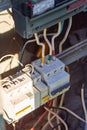 Circuit and wiring system on the main power distribution board of the power box. selective focus. Royalty Free Stock Photo