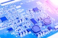 Circuitboard with resistors, microchips and electronic components. Electronic computer hardware technology. Integrated communicati Royalty Free Stock Photo