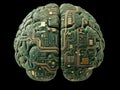 Circuitry infused green metallic brain symbolizing advanced neural engineering artificial intelligence integration and the futu