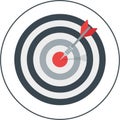 A circular archery target with concentric black and white rings centers a red bullseye. A Royalty Free Stock Photo