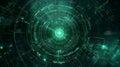 Circular arcs in military green with a subtle radar sweep line, tiny blips, and coordinates to suggest surveillance or