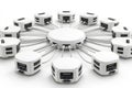 Circular arrangement of black and white network hubs connected with cables symbolizing interconnected systems and centralized d