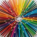 Circular arrangement of colored pencils is displayed, forming a vibrant rainb Royalty Free Stock Photo