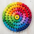 A circular arrangement of colorful thread spools on a light wooden Royalty Free Stock Photo