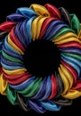 A circular arrangement of folded triangular fabric pieces in vibrant colorsâyellow, re Royalty Free Stock Photo