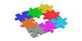 Circular arrangement of multi colored jigsaw puzzle pieces on white background, brainstorming, software module or business