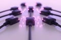 Circular arrangement of USB cables with glowing pink tips connected in a radial pattern representing centralized data control a