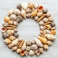 A circular arrangement of various seashells on a light wooden background Royalty Free Stock Photo