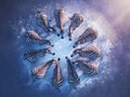 A circular arrangement of 10 zebras, all facing the camera, set against an outer space backdrop, captured in hyperrealistic style Royalty Free Stock Photo