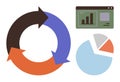 Circular Arrow Diagram with Pie Chart and Bar Graph for Data Analysis and Workflow Visualization Royalty Free Stock Photo