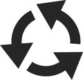 Circular arrow rotating clockwise, forming a continuous loop with three curved arrows, representing refresh action and cyclical Royalty Free Stock Photo