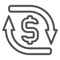 Circular arrows and dollar line icon, bank account concept. Vector graphics. Money currency exchange cycle sign on white