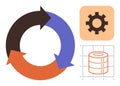 Circular Process Arrows with Gear and Database Icons Representing Workflow and Data Management Royalty Free Stock Photo