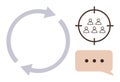 Circular arrows, target audience group, and speech bubble representing communication feedback loop Royalty Free Stock Photo