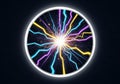Circular artwork features a dynamic explosion of colored lightning- Royalty Free Stock Photo