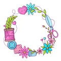 Circular banner template for handmade, knitting, sewing. Frame with sewing and knitting attributes in doodle style