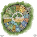 Circular blueprint of an interactive museum, surrounded by greenery. The layout is Royalty Free Stock Photo