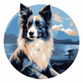 Circular Border Collie Painting: Coastal Scenery In Dark Sky-blue And Light Gray Royalty Free Stock Photo