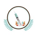 Circular border with olive branch and Needle syringe and pills