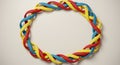 Circular braided pattern with red, blue, yellow interlocking cords on neutral background Royalty Free Stock Photo