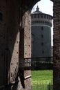 Circular brick tower of the Sforzesco Castle in Milan. Royalty Free Stock Photo