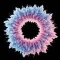A circular, burst-like pattern with a black central void, surrounded by an explosive array