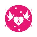 Circular button heart shape emblem pink with symbol breast cancer and pigeons