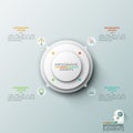 Circular chart with 4 arrows pointing at thin line pictograms and text boxes. Concept of pointer or user website