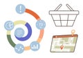 Circular Chart, Data Analytics, Digital Map with Location Pin, Shopping Basket Illustration Royalty Free Stock Photo