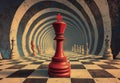 A circular chessboard is the setting for a red king, competing against white chess figures Royalty Free Stock Photo