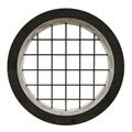 A Circular Concrete Window Frame with a Black Metal Grid on a White Background circular window Royalty Free Stock Photo