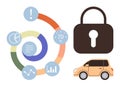 Data-driven analytics with security and mobility represented by charts, lock, and car Royalty Free Stock Photo