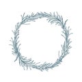 Circular decoration or wreath made of rosemary hand drawn with contour lines on white background. Decorative frame