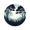Circular design featuring a stylized forest scene. Silhouettes of tall deciduous trees Royalty Free Stock Photo