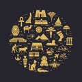 Circular design pattern of filled icons on the theme of sights and symbols of Egypt