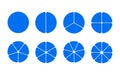 Circular diagram with blue segments. Wheel division into fractions with colorful segments, circular shape sectors.