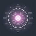 Circular digital interface with a glowing pink center surrounded by concentric rings. Royalty Free Stock Photo