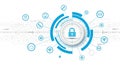 Circular Digital Security Technology Interface With Central Padlock Icon and Connected Rings Illustrated in Blue Teal Tones Royalty Free Stock Photo