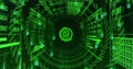 Circular display showing numeric values in tunnel, with binary code streams and holographic screens Royalty Free Stock Photo