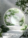 Circular doorway opens to a plantfilled garden under the sky Royalty Free Stock Photo