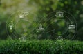 Circular economy concept. A field of grass with scheme of icons of product life cycle from raw material to production, using, Royalty Free Stock Photo