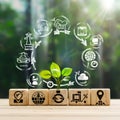 Circular economy concept. Wooden blocks with icons. Electric energy. Electric trains, wind energy, solar energy. Royalty Free Stock Photo