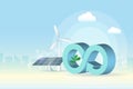 Circular economy logo with wind turbines and solar panel in city building background. For sustainable strategy goal of eliminate