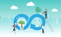 Circular economy symbol with lightbulb, wind turbines with people working on. Sustainable strategy to eliminate waste and