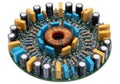Circular electronic circuit board with multiple capacitors and an inductor component Royalty Free Stock Photo