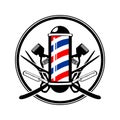 Circular Emblem Barber& x27;s Pole with Scissor, Razor And Old Clippers Royalty Free Stock Photo