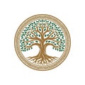 Circular emblem featuring a stylized tree with brown branches and roots Royalty Free Stock Photo