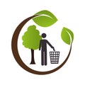 Circular emblem formed by branch and tree with man and trash container