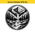 circular emblem of a mountain landscape with a waterfall and pine forest Royalty Free Stock Photo